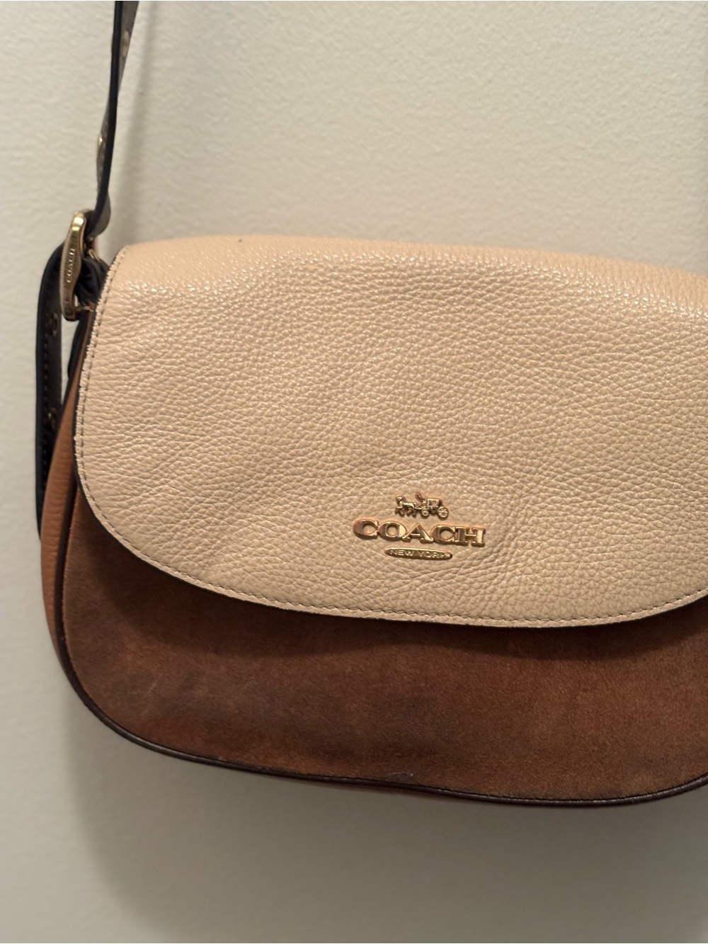 Coach Two-Tone Beige and Brown MACIE Pebbled Leather Saddle Crossbody